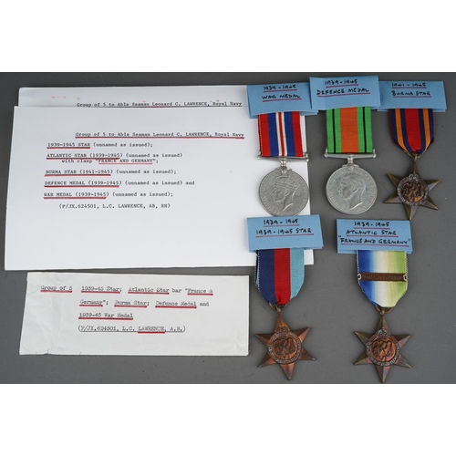 412 - Group of 5 medals to Able Seaman Leonard C Lawrence, Royal navy to include 1939-1945 Star, Atlantic ... 