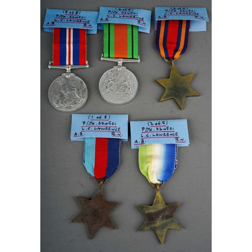 412 - Group of 5 medals to Able Seaman Leonard C Lawrence, Royal navy to include 1939-1945 Star, Atlantic ... 