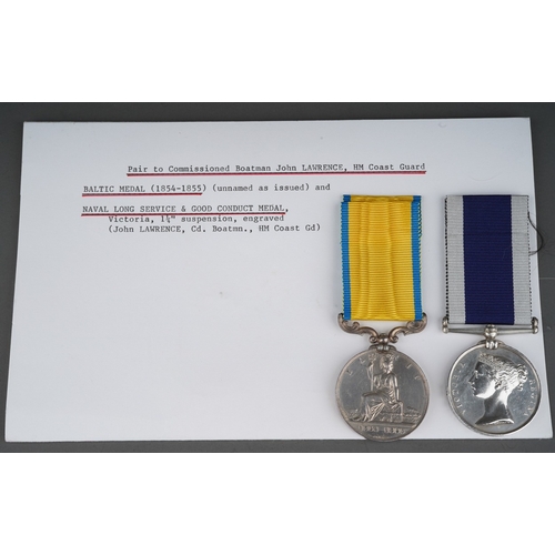 413 - Pair of commissioned Boatman John Lawrence, HM Coast Guard medals to include Baltic Medal ( 1854-185... 