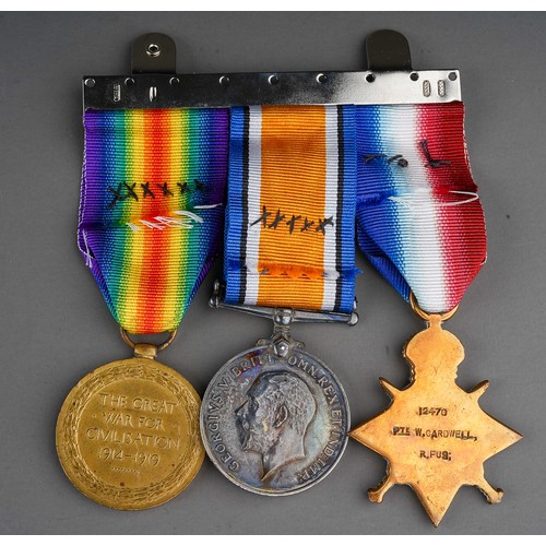 422 - WWI Trio of War, Victory and the 1914-1915 Star medals  awarded to GS-12470 PTE W CARDWELL R.FUS tog... 