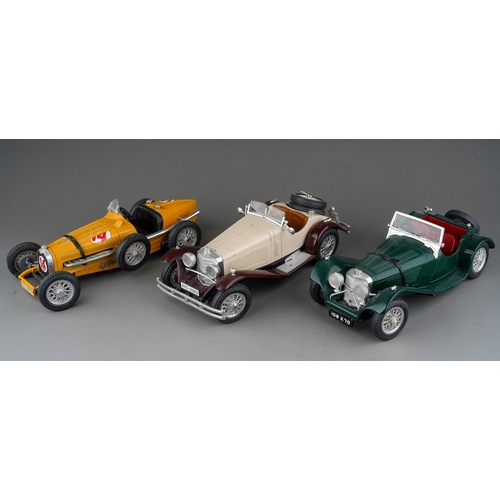 438 - Three Burago 1/18 models of vintage open top cars, comprising a Jaguar SS100, a Mercedes Benz SS4 an... 