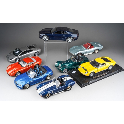 441 - A collection of eight die cast 1:18 model cars to include: Maisto Morgan Aero 8; JADI TVR Tuscan; Ma... 