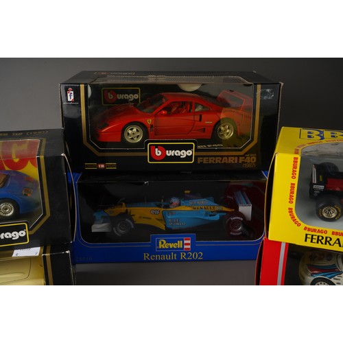 451 - A collection of die cast model cars to include: Revell - Renault R202 1:18 and Burago: a 1:18 Ferrar... 