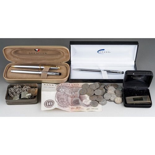 466 - Three pens, money clip, whistle, chains, coins £10 note