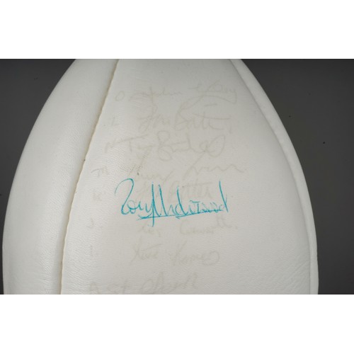 469 - Vintage signed rugby ball Barbarians vs Leicester Tigers 1987, signatures include David Campese and ... 