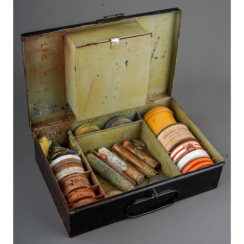 471 - An early 20th Century fitted black metal Performers (Actor/Clown) make up box complete with various ... 