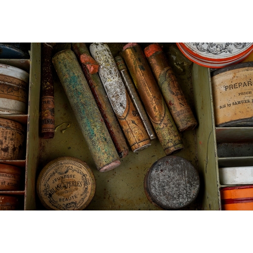 471 - An early 20th Century fitted black metal Performers (Actor/Clown) make up box complete with various ... 