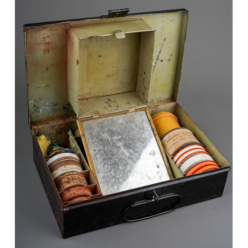 471 - An early 20th Century fitted black metal Performers (Actor/Clown) make up box complete with various ... 