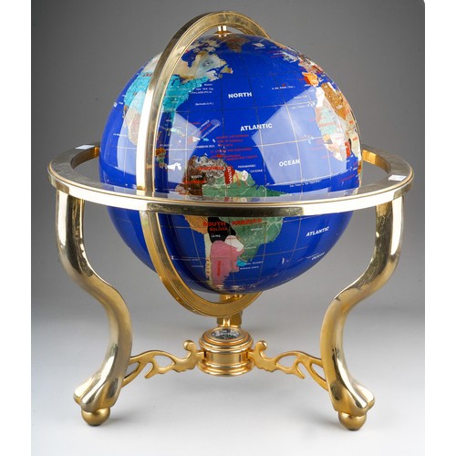 474 - A large semi-precious rotating gemstone globe on brass stand with compass, approx 50cm high