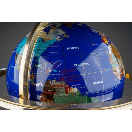 474 - A large semi-precious rotating gemstone globe on brass stand with compass, approx 50cm high