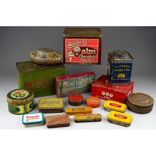 477 - Assorted vintage tins to include: Oxo, Walters' Palm Chocolate Nougat, Flowery Pekoe Tis C.T.G.A tea... 