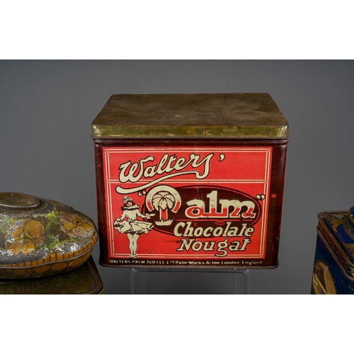 477 - Assorted vintage tins to include: Oxo, Walters' Palm Chocolate Nougat, Flowery Pekoe Tis C.T.G.A tea... 