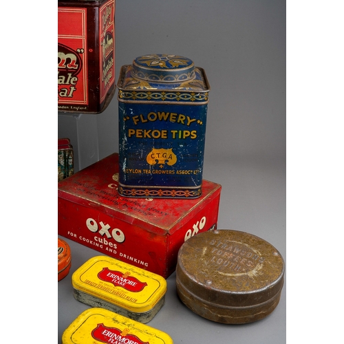 477 - Assorted vintage tins to include: Oxo, Walters' Palm Chocolate Nougat, Flowery Pekoe Tis C.T.G.A tea... 