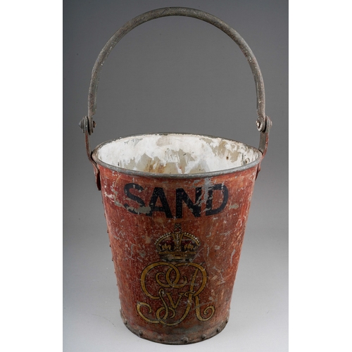 478 - A George V red painted Fire Bucket for SAND with swing handle (cover lacking), the bucket approx 24.... 