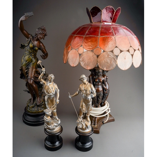 479 - A Spelter figure of a lady, a pair of Spelter figures and a lamp