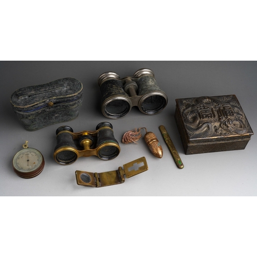 485 - A bag of opera glasses and other decorative metalware, including a Japanese rectangular cigarette bo... 