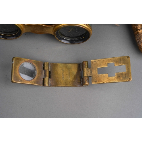 485 - A bag of opera glasses and other decorative metalware, including a Japanese rectangular cigarette bo... 