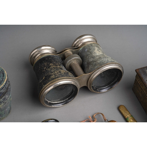 485 - A bag of opera glasses and other decorative metalware, including a Japanese rectangular cigarette bo... 