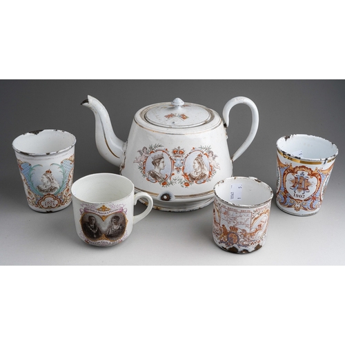 487 - A collection of Royal Commemorative enamel to include: HM Queen Victoria Diamond jubilee teapot and ... 