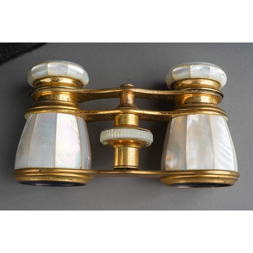 490 - A pair of early 20th century cased Busch gilt metal and mother of pearl opera glasses