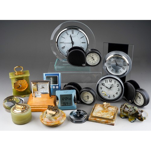 491 - Assorted clocks and table accessories to include: two William Widdop boxed round glass mantel clocks... 