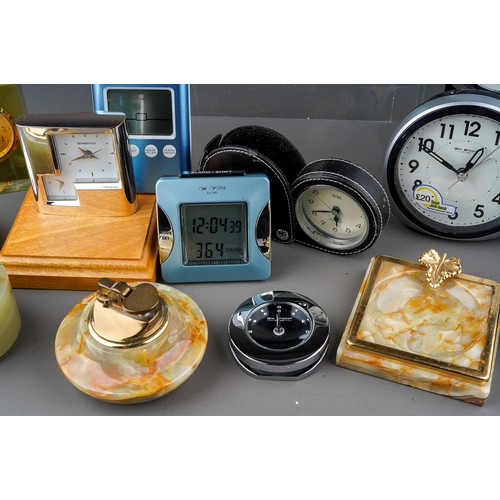 491 - Assorted clocks and table accessories to include: two William Widdop boxed round glass mantel clocks... 