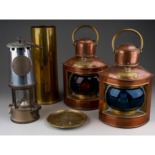 503 - A group of metalware including shell case, a pair of Ship`s lamps (PORT & STARBOARD), a miners lamp ... 