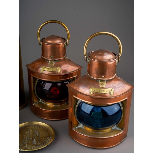 503 - A group of metalware including shell case, a pair of Ship`s lamps (PORT & STARBOARD), a miners lamp ... 