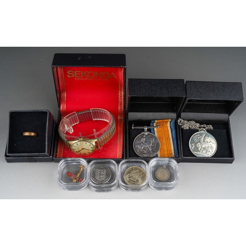 517 - WWI service medal, seconda watch, coins etc