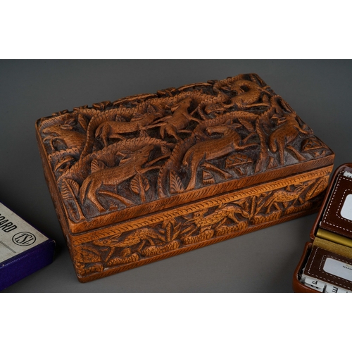 527 - A small collection of treen and other items, including an Asian carved hardwood box, width 20cm, an ... 