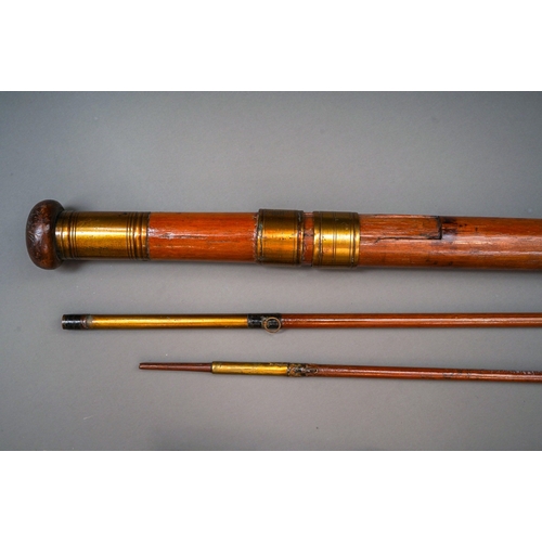 532 - A late Victorian three-piece 128cm hardwood fly fishing rod with brass fittings and tip rings with s... 