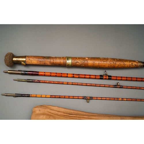 534 - An early 20th Century Wesley Richards brass bound spilt cane three piece fly fishing rod, approx 10f... 