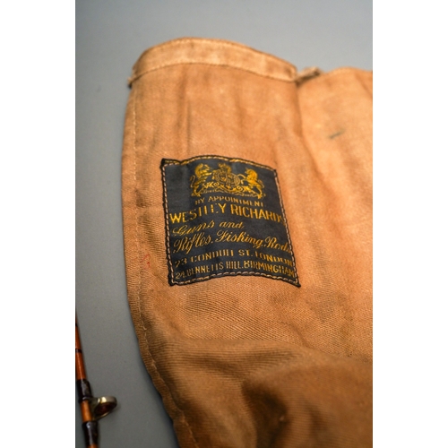 534 - An early 20th Century Wesley Richards brass bound spilt cane three piece fly fishing rod, approx 10f... 