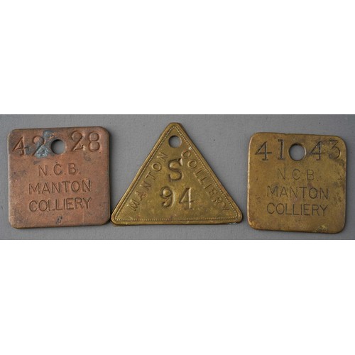 539 - Of Mining Interest: 3 N.C.B. Manton brass colliery lamp checks or tallies