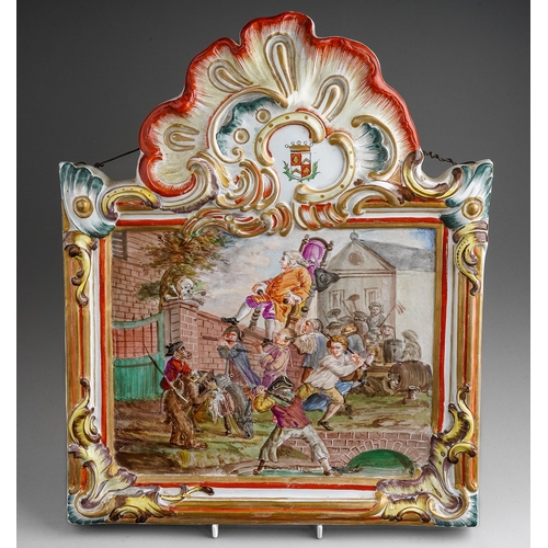 562 - A 19th Century French Faience polychrome plaque, painted with scene from Hogarth`s Marriage a la Mod... 