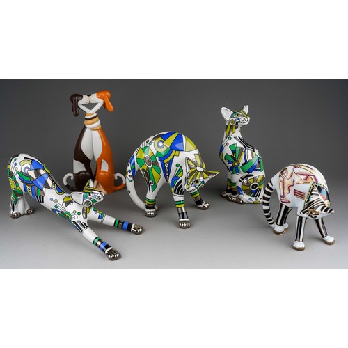 565 - Four Paul Cardew Cool Catz models, comprising three in the Art Deco design and one in an Egyptian de... 