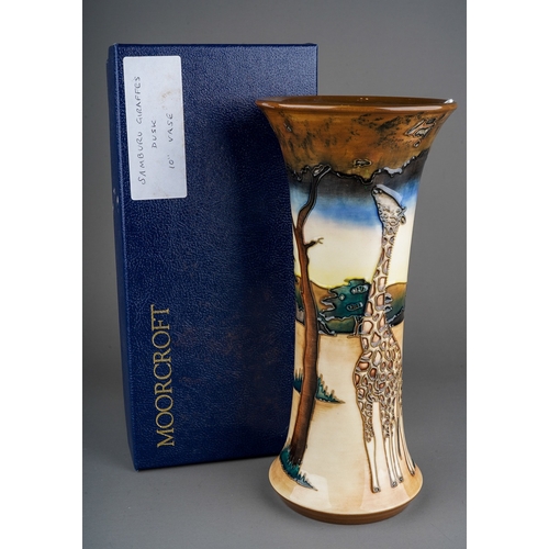 582 - A boxed Moorcroft Pottery Samburu Giraffe Dusk pattern flared rim cylindrical vase, a second, circa ... 