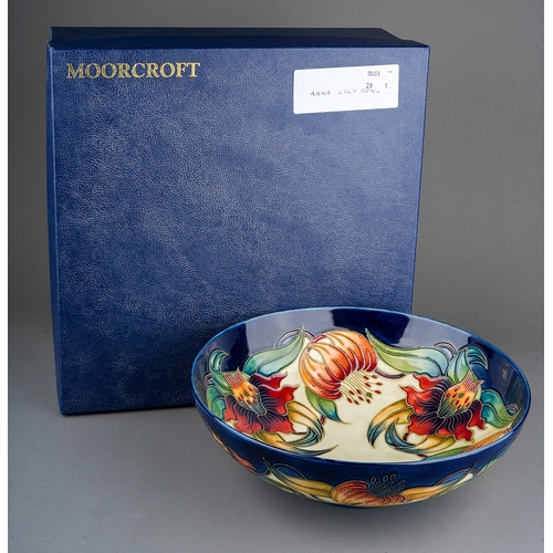 587 - A boxed Moorcroft Anna Lily pattern footed bowl, designed by Nicola Slaney, circa 1998, printed, pai... 