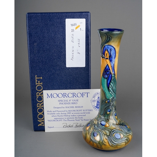 589 - A boxed Moorcroft Pottery onion shaped vase in the Phoenix Bird design by Rachel Bishop, signed to b... 