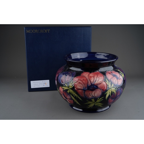 605 - A boxed Moorcroft pottery planter of squat baluster form, decorated in the Anemone design on a blue ... 