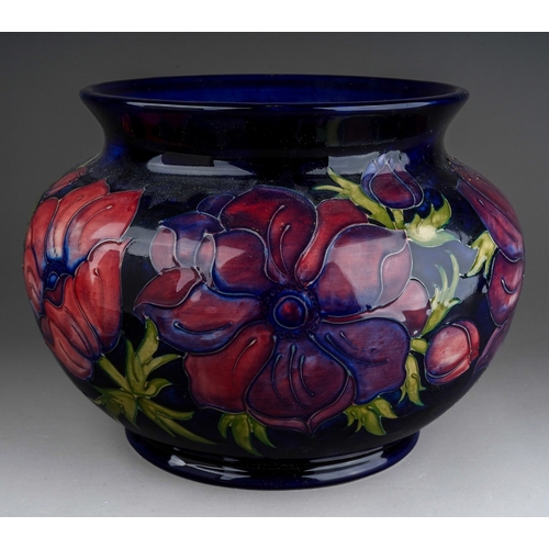 605 - A boxed Moorcroft pottery planter of squat baluster form, decorated in the Anemone design on a blue ... 