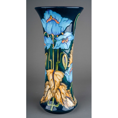 617 - A boxed Moorcroft pottery Collectors Club conical flared rim vase decorated in the Blue Rhapsody des... 