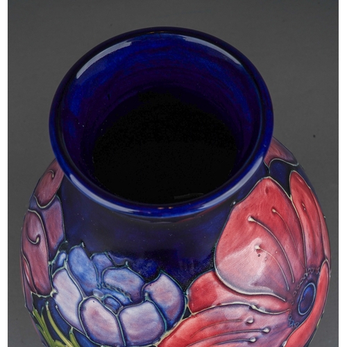 626 - A boxed Moorcroft pottery squat baluster vase decorated in the Anemone design on a dark blue ground,... 