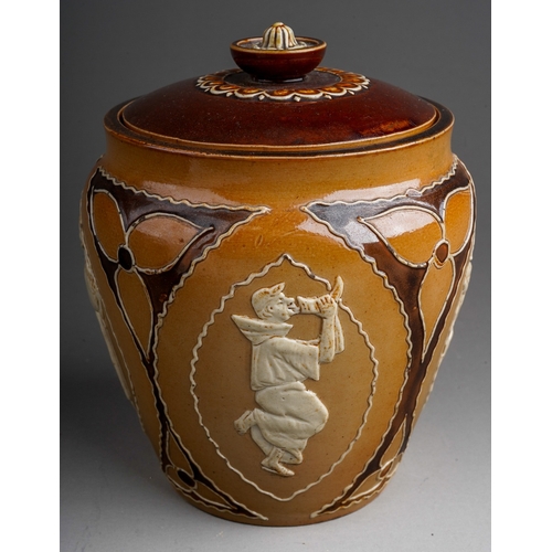 635 - A Royal Doulton tobacco jar and cover, applied with monks in various poses, incised marks to undersi... 