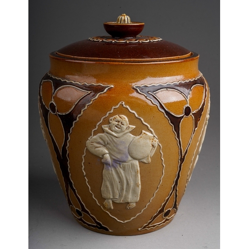 635 - A Royal Doulton tobacco jar and cover, applied with monks in various poses, incised marks to undersi... 