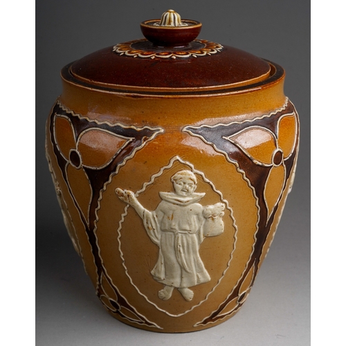 635 - A Royal Doulton tobacco jar and cover, applied with monks in various poses, incised marks to undersi... 