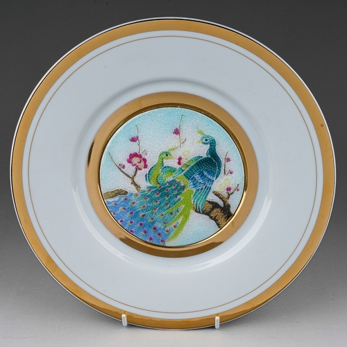 667 - Japanese 24k gold edged plate, the cloisonne centre decorated with Pheasants, label verso