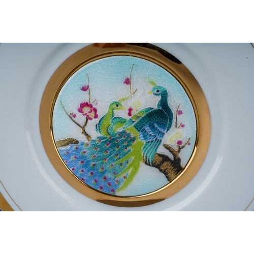 667 - Japanese 24k gold edged plate, the cloisonne centre decorated with Pheasants, label verso