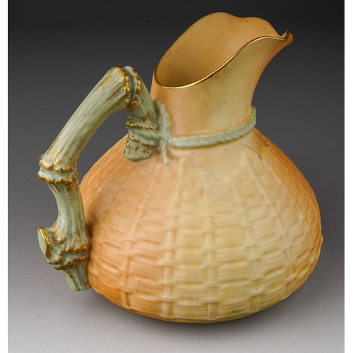 670 - An early 20th Century Royal Worcester blush ivory porcelain basket weave and lizard jug, with relief... 