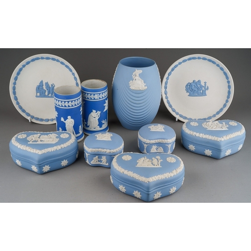 688 - A collection of Wedgwood and similar jasperware, including a pair of cylindrical spill vase, inscrib... 